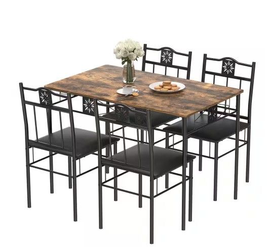 Photo 1 of 5-Piece Dining Table Set Wooden Kitchen Table 1 Table 4 Chairs Metal Legs, Rectangular Dining Table Sets?42.1"L, Brown



