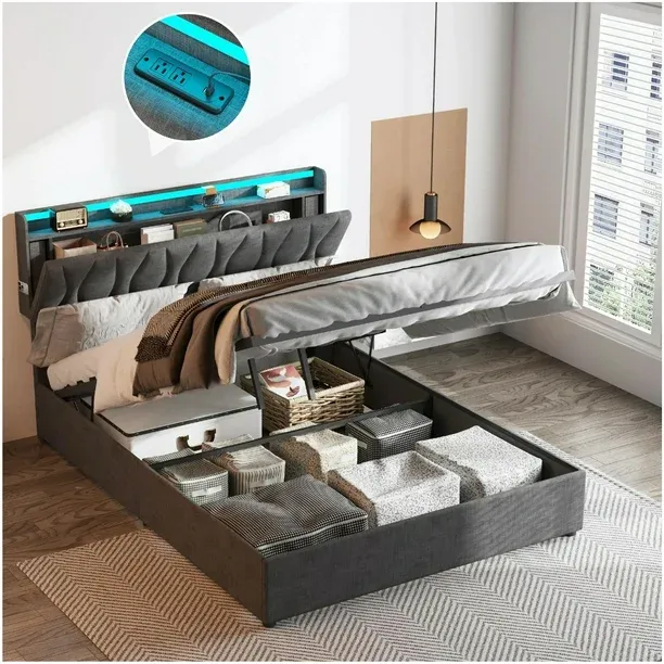 Photo 1 of VEANERWOOD Queen Size Lift Up Storage Bed Frame with LED Lights & Height Adjustable Storage Headboard,Upholstered Platform Bed, Dark Grey