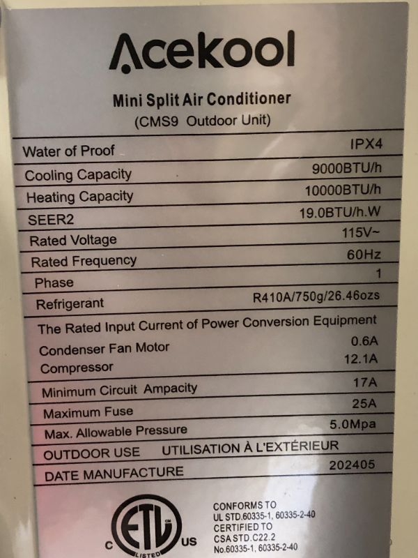 Photo 1 of Incomplete------Acekool 9000 BTU Ductless Mini Split Air Conditioner Heat Pump 19 SEER Inverter AC 110V
