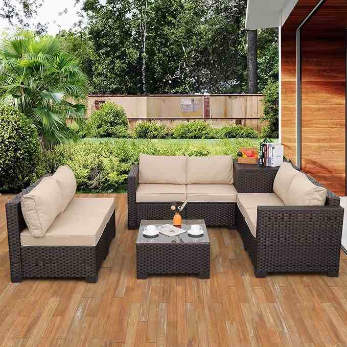 Photo 1 of Incomplete-------DSF6-ZCBZ003. BROWN WICKER CHAIR WITH BEIGE CUSHIONS. CORNER SOFA AND TABLE
