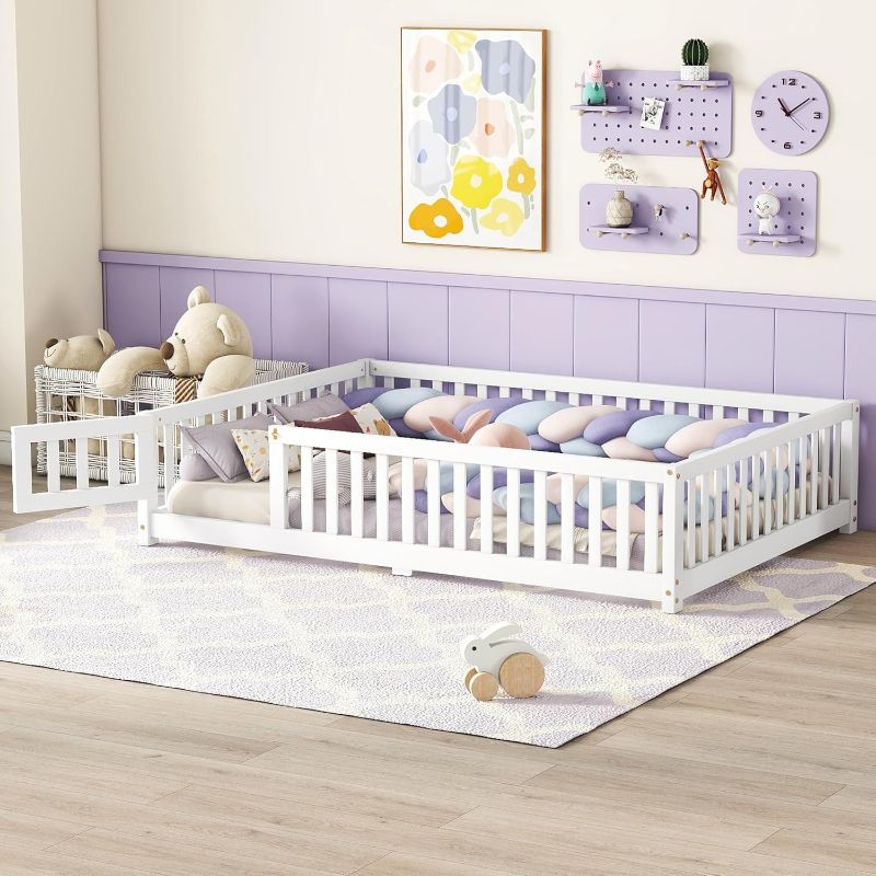 Photo 1 of Full Size Bed Floor Bed, Sturdy Wood Montessori Bed Frame for Children, High Fence & Small Door, Montessori Floor Bed for Girls and Boys(White)