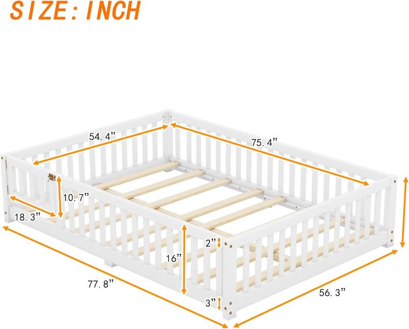 Photo 1 of Full Size Bed Floor Bed, Sturdy Wood Montessori Bed Frame for Children, High Fence & Small Door, Montessori Floor Bed for Girls and Boys(White)

