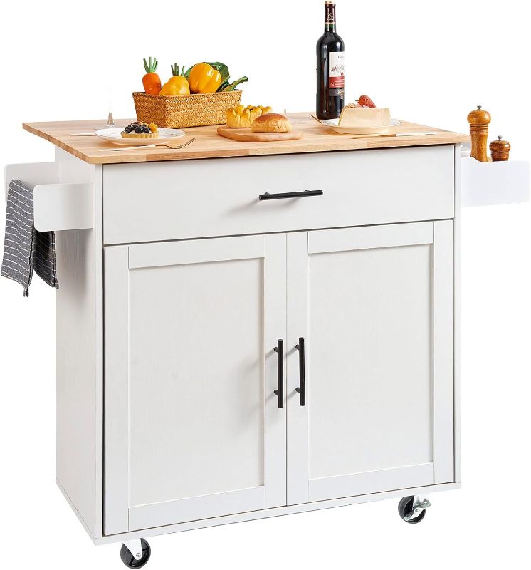 Photo 1 of VEVOR Kitchen Island Cart with Solid Wood Top, 35.4" Width Mobile Carts with Storage Cabinet, Rolling Kitchen Table with Spice Rack, Towel Rack, Drop Leaf and Drawer, Portable Islands on Wheels, White
