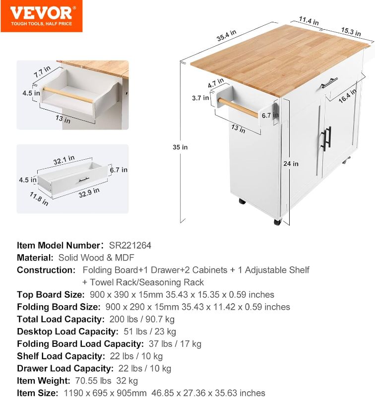 Photo 1 of VEVOR Kitchen Island Cart with Solid Wood Top, 35.4" Width Mobile Carts with Storage Cabinet, Rolling Kitchen Table with Spice Rack, Towel Rack, Drop Leaf and Drawer, Portable Islands on Wheels, White
