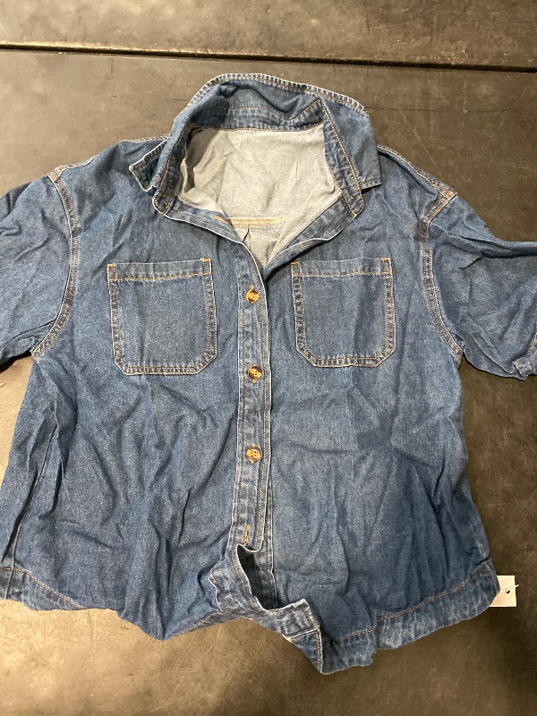 Photo 1 of Size S POTILI Women's Denim Shirt, Button Down Short Sleeve Jean Shirts Casual Top Outfits Trendy Dark Blue