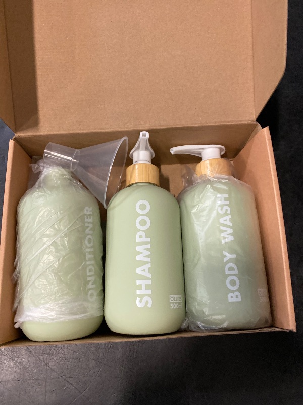 Photo 1 of OLLIES Shampoo and Conditioner Dispenser, Shower Soap Dispenser for Bathroom-Set of 3 with Permanent Stylish Label-17oz, 500ml Refillable Shampoo and Conditioner Bottles Green