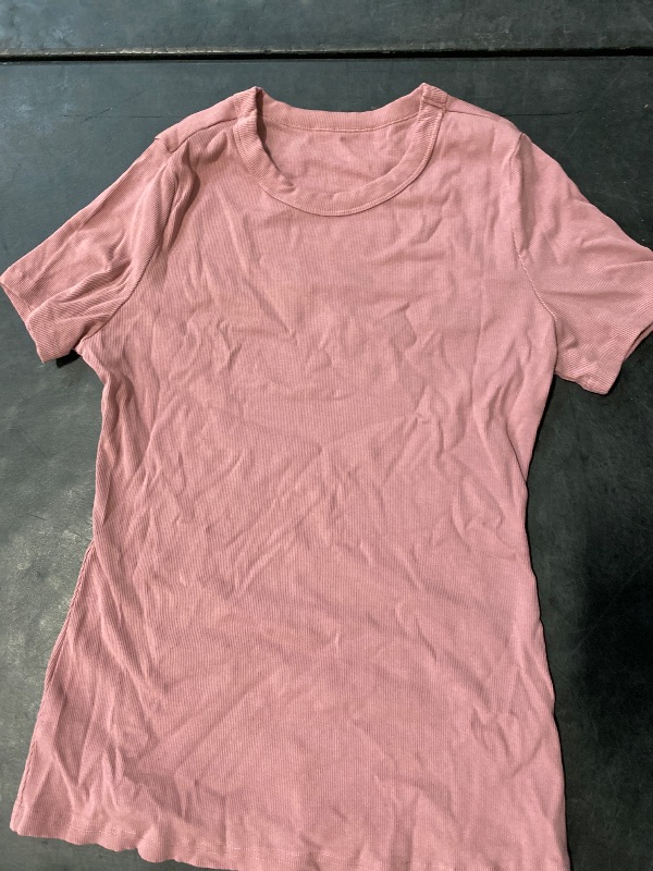 Photo 1 of Size XL Womens Crewneck Short Sleeve Ribbed T-Shirt Slim Fit Tops Solid Basic Tee Pink