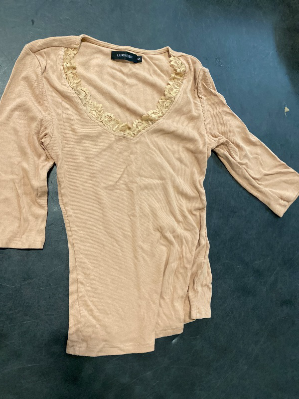 Photo 1 of Size S LUXVEER 3/4 Length Sleeve Womens Tops Lace Sexy V Neck Ribbed Knit Fitted T Shirts Dressy Casual Blouses Going Out Tops Light Brown 