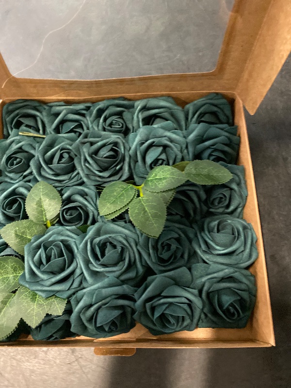 Photo 1 of Ling’s Moment Artificial Flowers 25Pcs Peacock Green Roses Decor w/Stems,3" Real Touch DIY Foam Floral for Wedding Bouquet/Centerpieces, Outdoors Party Backdrop, Room/Table, and Garden/Pot Decorations