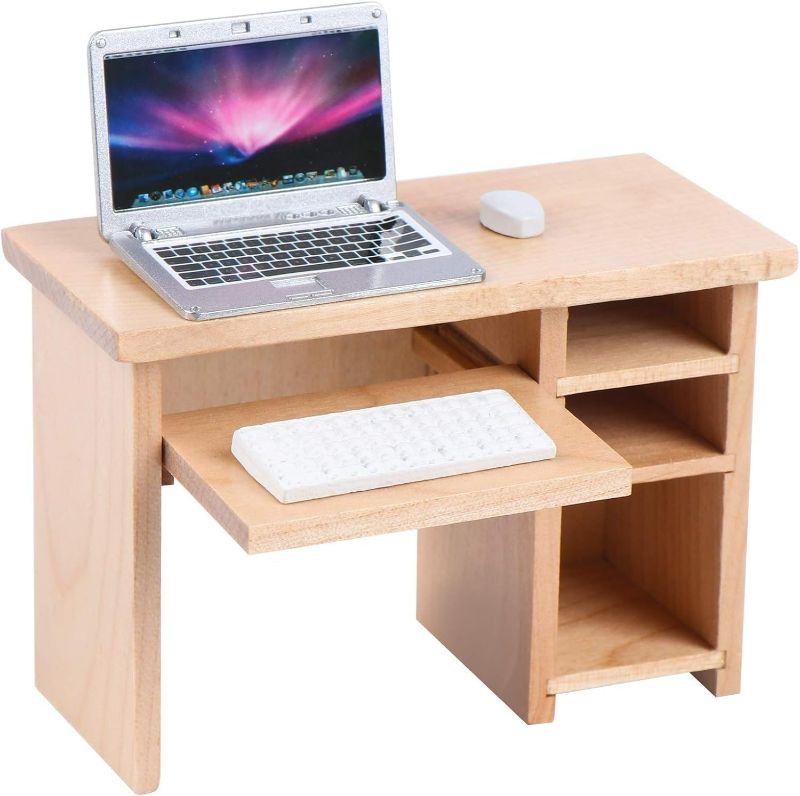 Photo 1 of Dollhouse Miniature Laptop Computer and Office Table Doll House Simulation Notebook Accessories for Doll 1/6 1/12 Miniatures Pretend Play