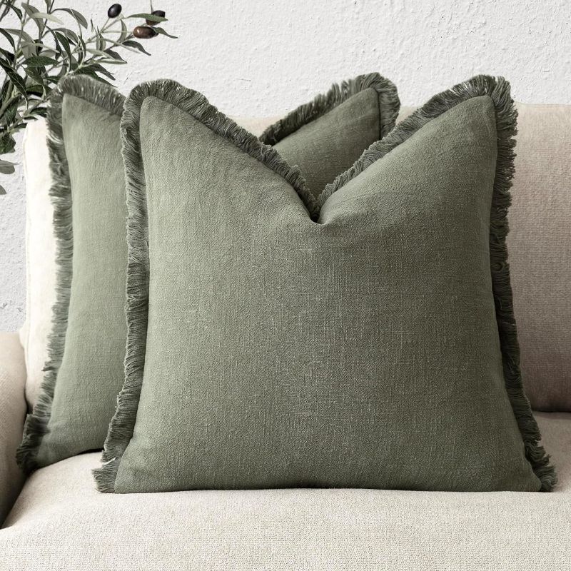 Photo 1 of Foindtower Set of 2 Decorative Linen Fringe Throw Pillow Covers Cozy Boho Farmhouse Cushion Cover with Tassels Soft Accent Pillowcase for Couch Sofa Bed Living Room Home Decor, 24×24 Inch, Olive Green