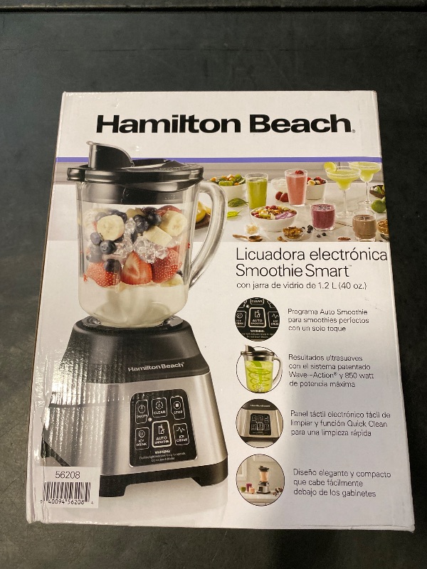 Photo 1 of Hamilton Beach Blender for Smoothies with 5 Functions Including Auto Smoothie Cycle, Wave Action System for Ultra Smooth Results, 850 Watts, 40oz BPA Free Glass Jar, Stainless Steel (56208)