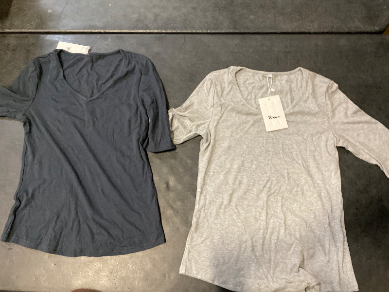 Photo 1 of Size M Riyiper 2 Pack Women's Half Sleeve Top Elbow Length Ribbed Cotton T Shirt Women V Neck Summer Tee Slim Fit Casual Blouses(Blue & Light Gray)