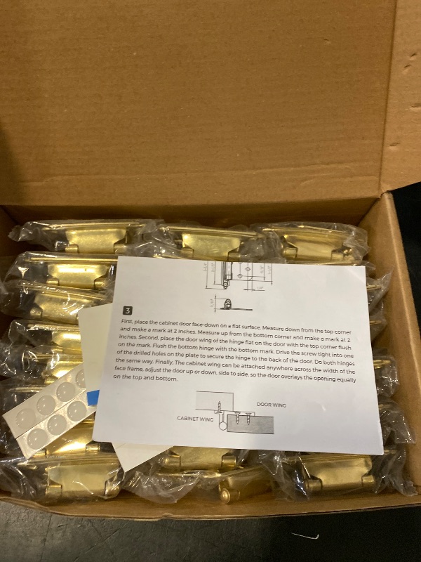Photo 1 of Ravinte 50 Pack (25 Pairs) 1/2" Overlay Cabinet Hinges, Self-Closing Semi-Concealed Face Mount, Satin Brass Decorative Hardware with Door Bumpers for Kitchen & Cupboard Doors, Gold