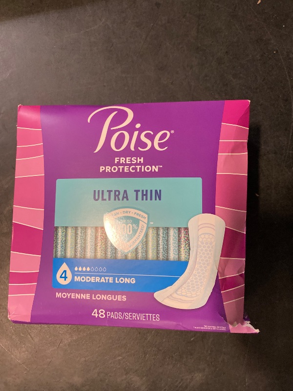 Photo 1 of Poise Ultra Thin Incontinence Pads & Postpartum Pads for Bladder Leaks, 4 Drop Moderate Absorbency, Long Length, 48 Count, Packaging May Vary