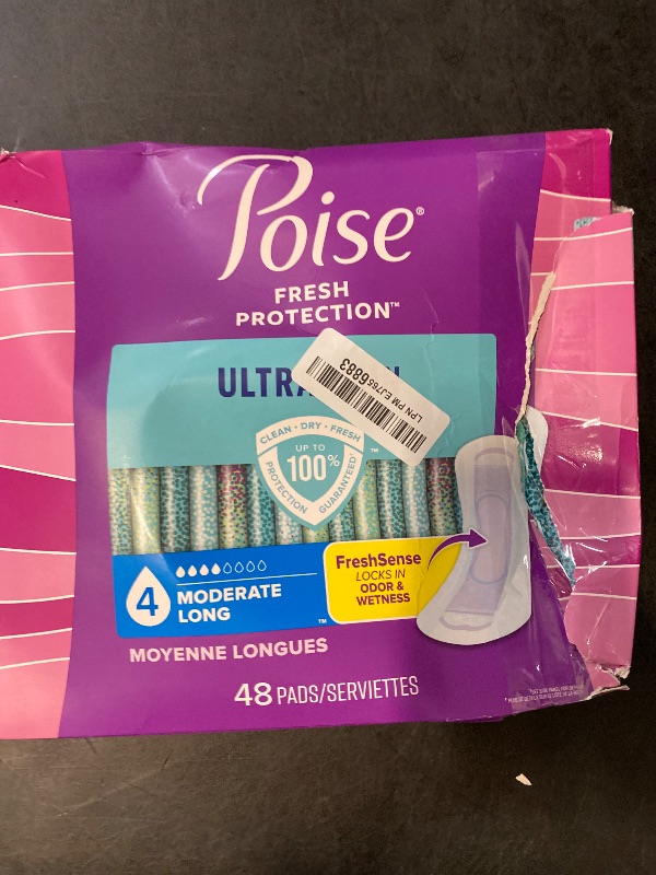 Photo 1 of Poise Ultra Thin Incontinence Pads & Postpartum Pads for Bladder Leaks, 4 Drop Moderate Absorbency, Long Length, 48 Count, Packaging May Vary