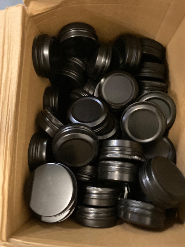 Photo 1 of Zubebe 200 Pack Metal Tins Aluminum Containers with Lids Screw Top Round Tin Cans for Cosmetic Lip Balm DIY Salves Candles Wax with 5 Markers 10 Sheets Label Stickers (1 oz, Black)