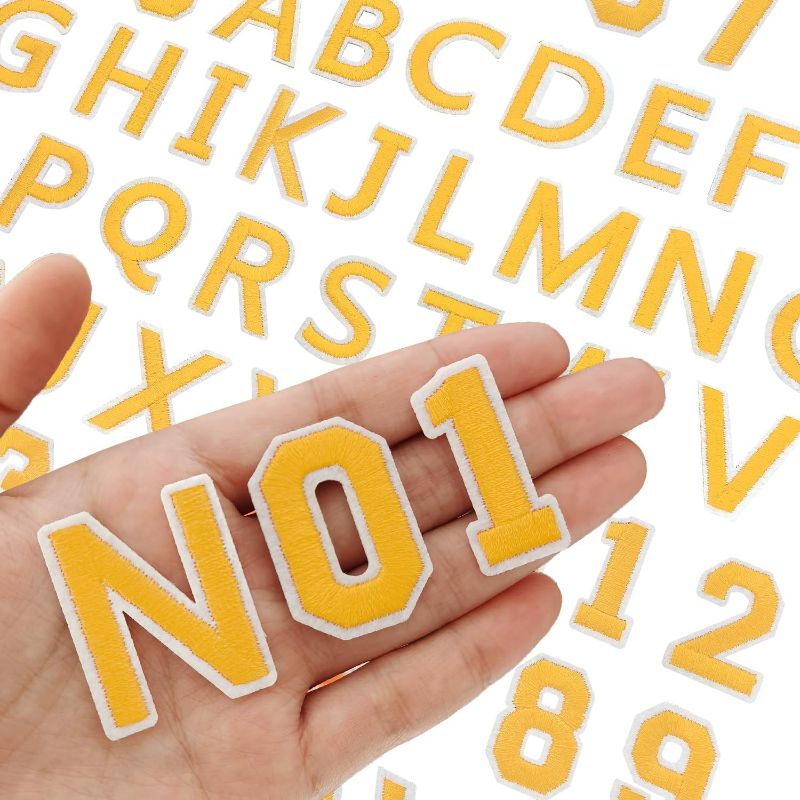 Photo 1 of LEMIBK Iron on Letters Numbers Patches, Embroidered Patches Letters A-Z, Numbers 0-9, Applique for Clothes, Dress, Hat, Jeans, DIY Accessories, 72 PCS Yellow