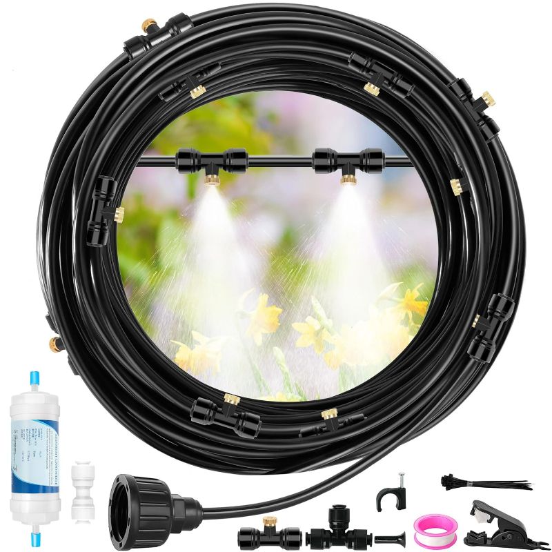 Photo 1 of 50FT Misters for Outside Patio Outdoor Misting System with Water Filter Automatic Cooling Patio Greenhouse Fan BBQ Pool Mist Kit for Irrigation Garden Durable All-Weather 1/4" Tubing