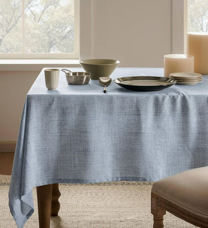 Photo 1 of Linen Tablecloth for Rectangle Table 52x70 Inch Blue, Farmhouse Style Blue Tablecloth, Water Resistant Burlap Tablecloths for Dining Table Farmhouse Kitchen