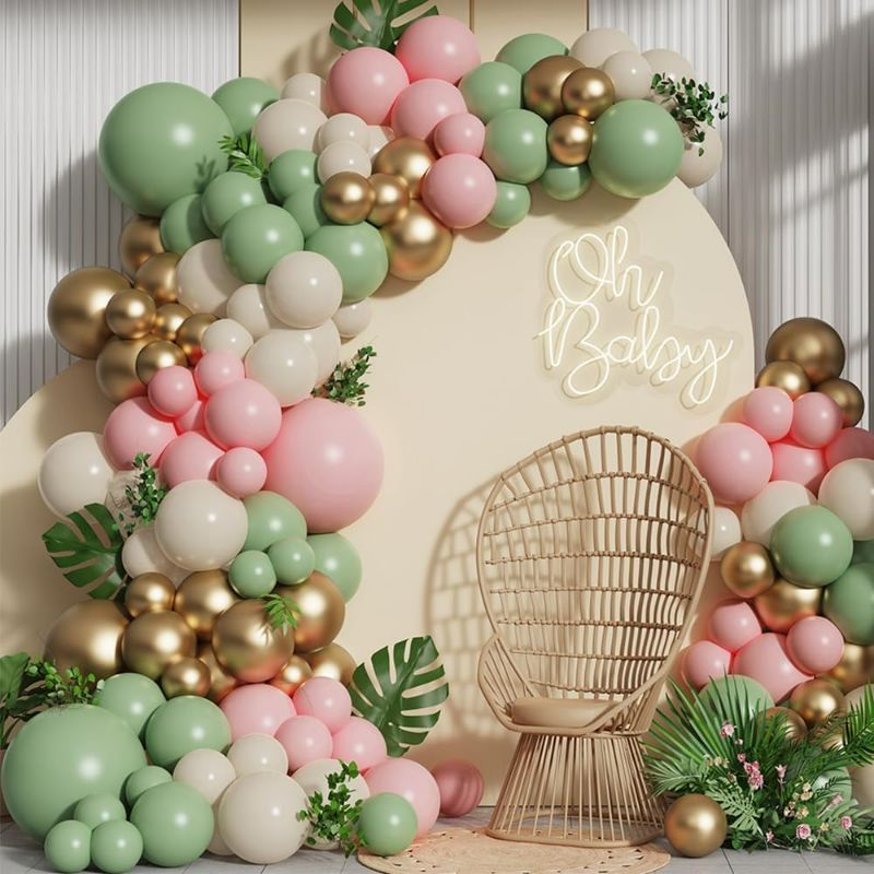 Photo 1 of Pink and Green Balloon Arch Garland Kit,137pcs Sage Green and Pastel Pink White Sand Gold Balloons for Boho Girls Woodland Baby Shower Wedding Jungle Safari Birthday Party Decorations