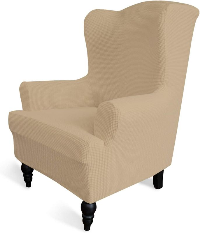 Photo 1 of Easy-Going Stretch Wingback Chair Sofa Slipcover 1-Piece Sofa Cover Furniture Protector Couch Soft with Elastic Bottom Polyester Spandex Jacquard Fabric Small Checks(Wing Chair,Sand