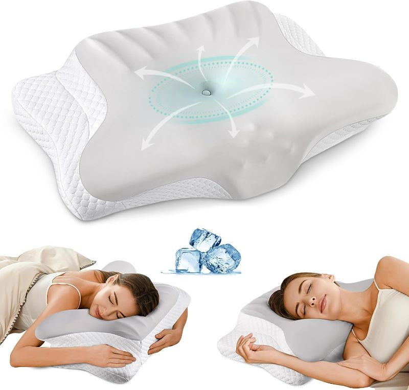 Photo 1 of Cervical Neck Pillow for Pain Relief - Ergonomic Memory Foam Pillows for Sleeping, Cooling Side Sleeper Pillow for Neck Support, Contour Orthopedic Bed Pillow for Back Stomach Sleepers