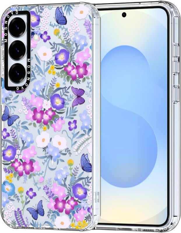 Photo 1 of MOSNOVO Case for Samsung Galaxy S25 Plus, [Buffertech 6.6ft Military-Grade Drop Protection] [Anti Peel Off Tech] Clear TPU Bumper Phone Case Cover Design - Purple Peri Nemophila