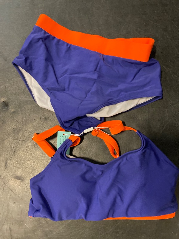 Photo 1 of Size S Womens High Waisted Bikini Sets Sporty Crop Top Color Block Swimwear Bandeau Scoop Neck Vintage Two Piece Bathing Suits Blue Orange 