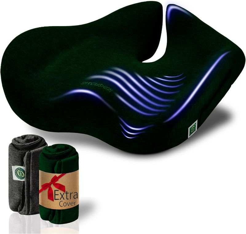 Photo 1 of Pressure Relief Seat Cushion for Tailbone Pain – X Large Office Chair Cushion for Back Pain, Coccyx & Sciatica Pain Relief Pillow. Memory Foam Seat Cushions for Office Chairs + Extra Cover (Green)