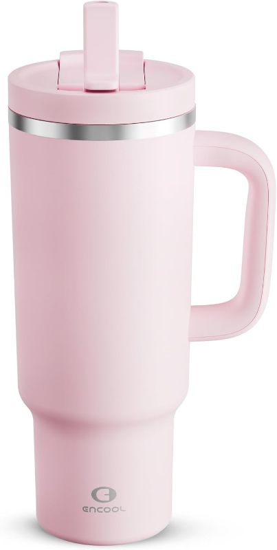 Photo 1 of 40 oz Tumbler with Handle and Straw: Stainless Steel Insulated Tumbler Keeps Cold for 24 Hours, Leakproof Travel Cup Fits in Cup Holder and BPA-Free, Cotton Candy