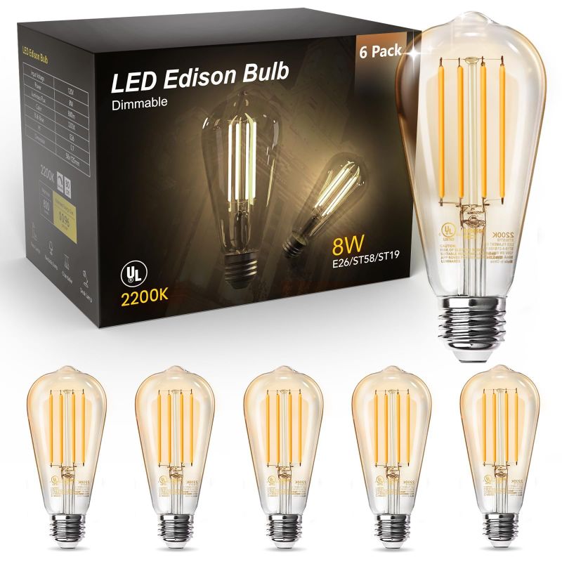 Photo 1 of TJOY 6 Pack Vintage 8W ST58 LED Edison Amber Light Bulbs, 60W Equivalent, 800 Lumens, 2200K Soft White, Dimmable, E26 Base LED Filament Bulbs, CRI80+, Antique Glass Style for Home, Bedroom