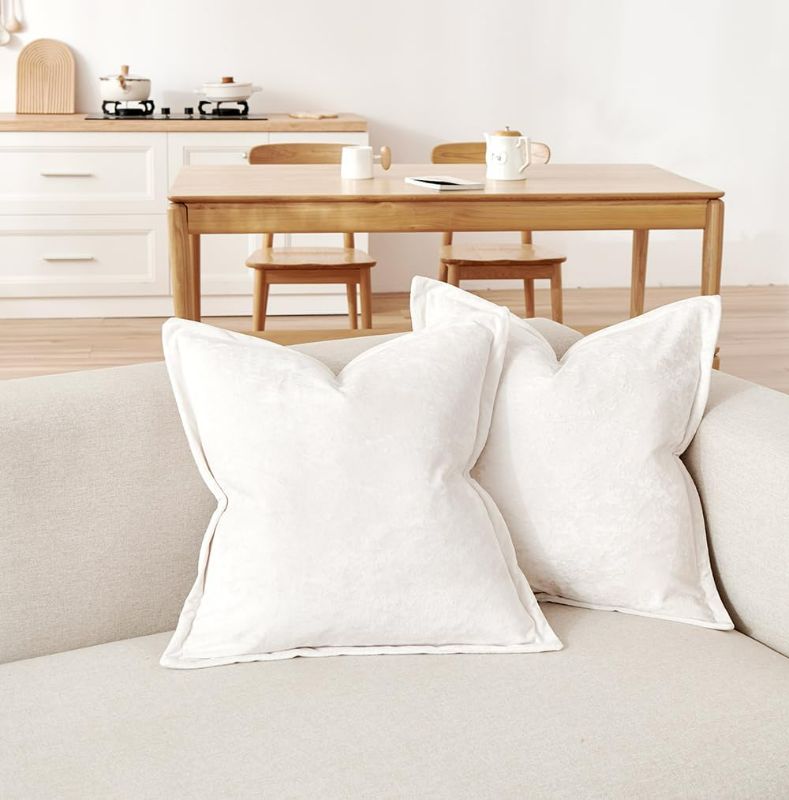 Photo 1 of Luxurious Velvet Euro Shams Decorative Throw Pillow Covers 26x26 Set of 2 Solid Square Euro Pillow Shams for Sofa Couch Bedroom, Ivory White