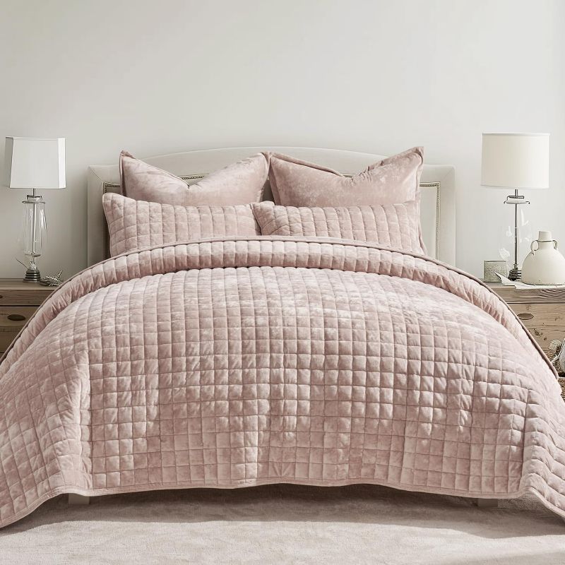 Photo 1 of RECYCO Luxury Velvet Quilt Set King Size Bedding Sets, Ultra Soft Velvet Comforter Set, Lightweight Channel Box Stitch Oversized Bedspread Coverlet for All Season, with 2 Shams, Rose Pink