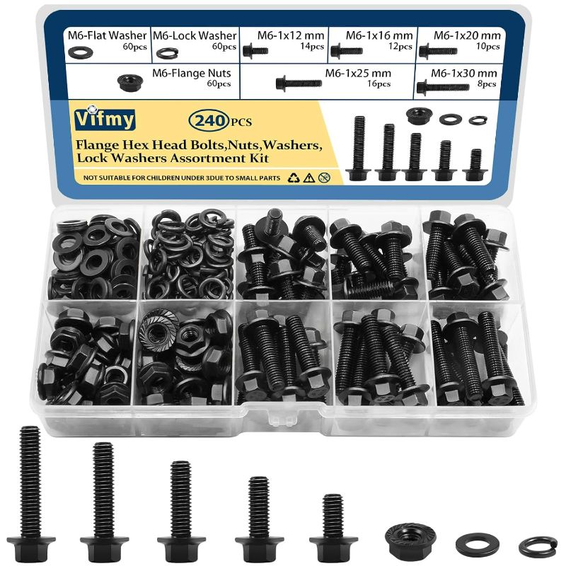 Photo 1 of M6-1.0 Bolt x (Length 12/16/20/25/30mm) Flange Head Bolts Assortment Kit (240 Pack) with 6mm Bolt, Serrated Flange Nuts, Washers, Alloy Steel Black Oxide Finish Plated, Full Thread