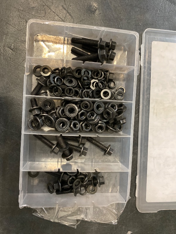 Photo 1 of M6-1.0 Bolt x (Length 12/16/20/25/30mm) Flange Head Bolts Assortment Kit (240 Pack) with 6mm Bolt, Serrated Flange Nuts, Washers, Alloy Steel Black Oxide Finish Plated, Full Thread