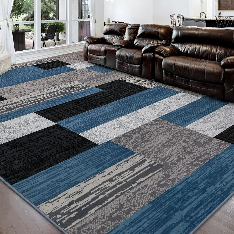 Photo 1 of SRE FlyDOIT Modern Geometric Patchwork Area Rug, 4x6 Blue Large Rugs for Living Room, Rockwood Collection Indoor Rugs for Bedroom, Throw Carpet Floor Decor for Entryway Dining Room Office Nursery