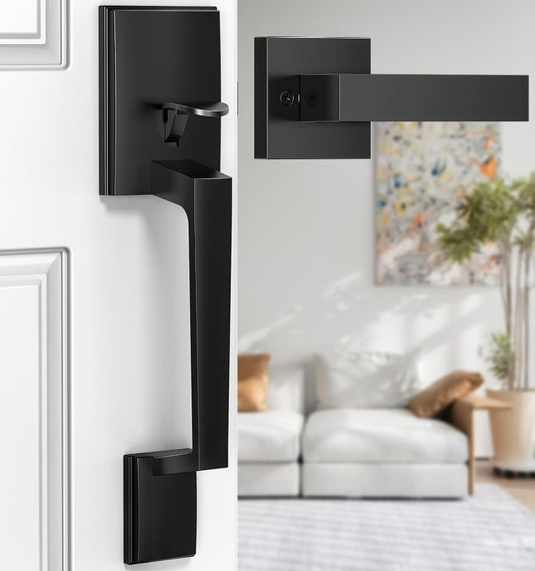 Photo 1 of Brightify Front Door Handle, Modern Exterior Door Handle with Passage Lever, Front Entry Door Handle No Lock, Reversible for Left & Right Hand Door, Lower Half Grip - Matte Black