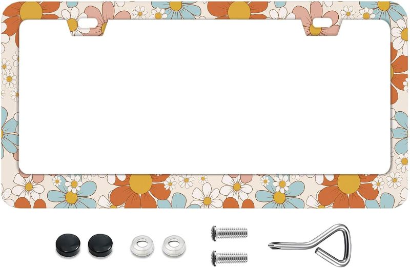 Photo 1 of Cute License Plate Frames Floral Retro Daisys License Plate Frame with Screws Metal Funny License Plate Cover Holder 6.3 X 12.3 inch for Car Decoration for Women Men LICEPLAME