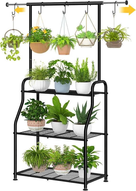 Photo 1 of Simple Trending Plant Stand Indoor Outdoor, Heavy Duty Metal 3 Tiered Hanging Plant Shelf for Multiple Flower Planter Holder Tall Large Rack for Living Room Garden Balcony, Black