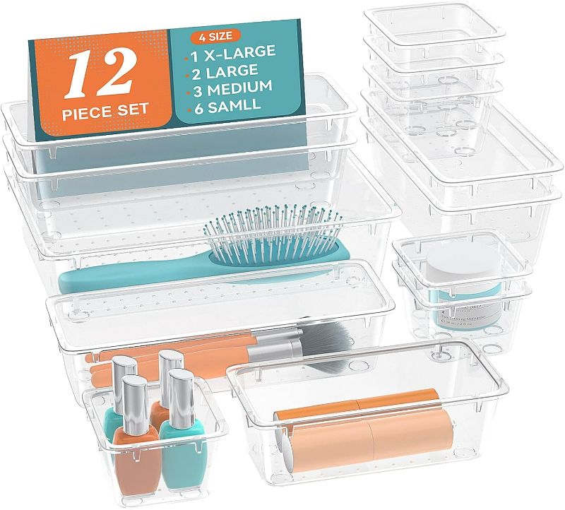 Photo 1 of 12 PCS Drawer Organizer Set, 4 Sizes Storage Drawer Units, Clear Plastic Makeup Vanity Organizer and Storage Bins for Makeup, Stationeries, Multiple Gadgets for Bathroom, Office, Bedroom