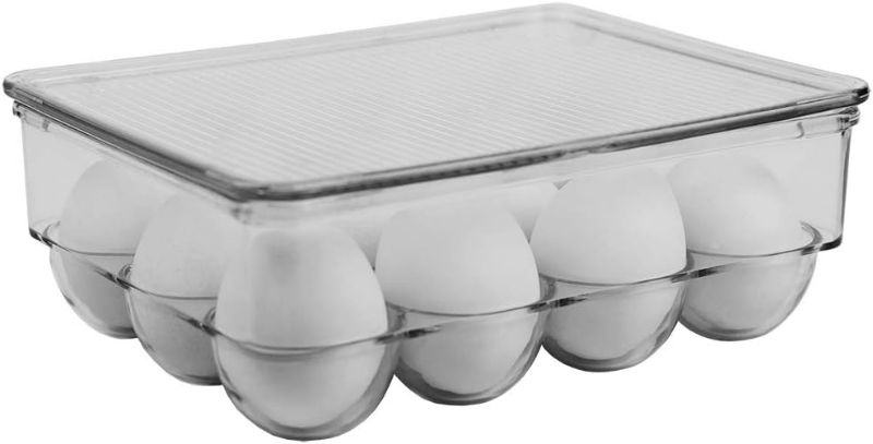 Photo 1 of Transparent Egg Holder with Clear Cover by Home Basics | Durable Plastic Bin for Convenient Fridge and Pantry Organization | Ideal for Keeping Eggs Fresh and Neatly Organized