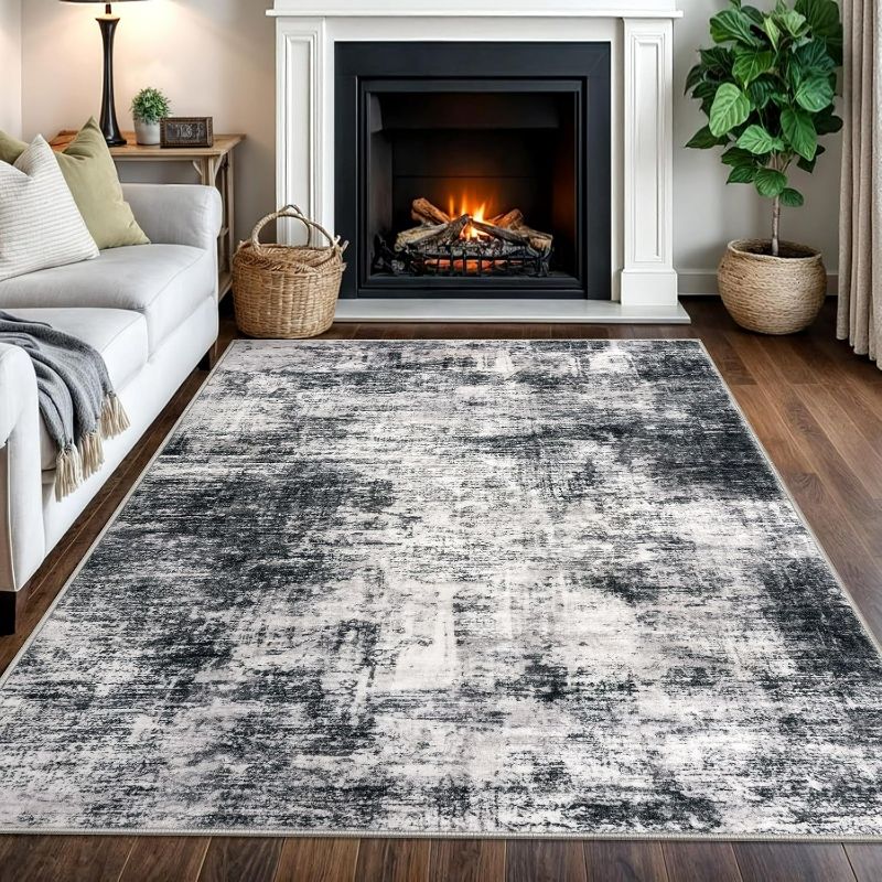 Photo 1 of IOHOUZE Abstract Area Rug 4x6 Ft Washable Rugs for Entryway Indoor, Non Slip Small Living Room Rugs Printed Faux Wool Throw Rug, Floor Carpet for Kitchen Nursery Playroom, Black Grey