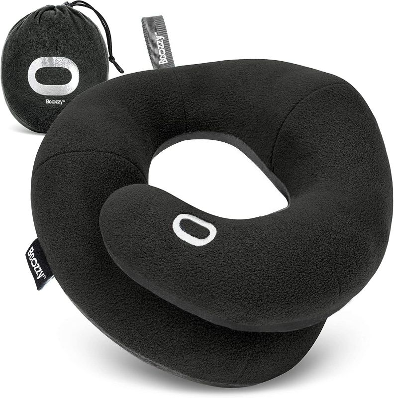 Photo 1 of BCOZZY Travel Neck Pillow for Airplane – Patented Double Support for Head, Neck, and Chin. Best for Long Flights, Plane Sleeping & Car Rides. Adjustable Size. Fully Washable. Carry Bag. X-Large, Black