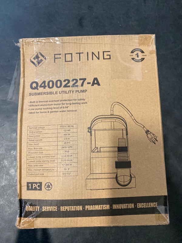 Photo 1 of FOTING 1/2HP Submersible Water Pump with Stainless Steel Base - Removes Water to 0.04" Depth, 2450GPH Portable Sump Pump for Puddles, Pools, Boats, Gardens & Ponds - 10Ft Cord Included