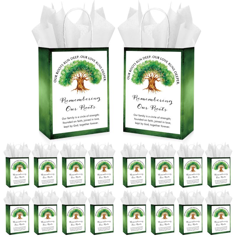 Photo 1 of Kolldenn 25 Sets Family Reunion Party Favor Gift Bags with Handles Bulk Family Tree Remembering Our Roots Kraft Treat Goody Bags with Tissue Paper for Family Gathering Party Supplies Decorations