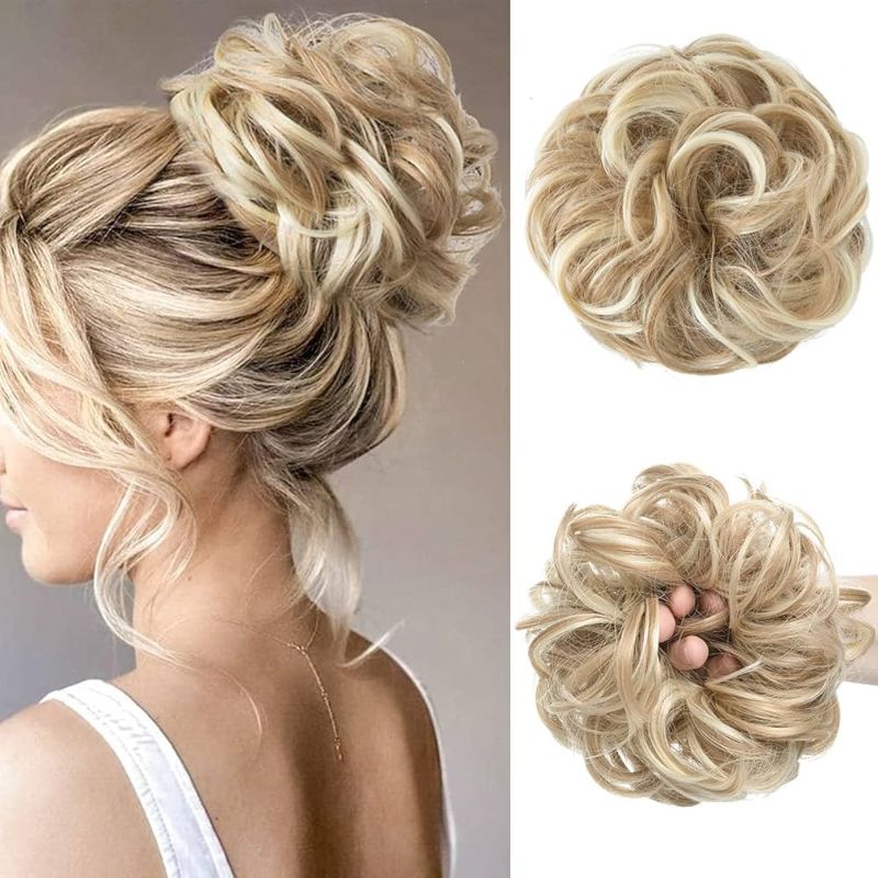 Photo 1 of Blonde CJL HAIR Large Messy Bun Hair Piece Wavy Curly Scrunchies Synthetic Chignon Ponytail Hair Extensions Thick Updo Hairpieces for Women 
