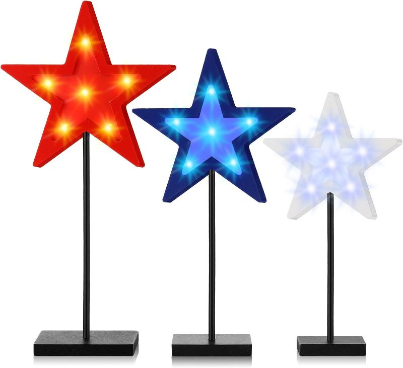 Photo 1 of 3 Pcs 4th of July Table Decorations Standing Star Block Set Patriotic LED Centerpieces Red White Blue Wooden Star Signs for Home Tabletop Tiered Tray Party Decor(Solid Style)