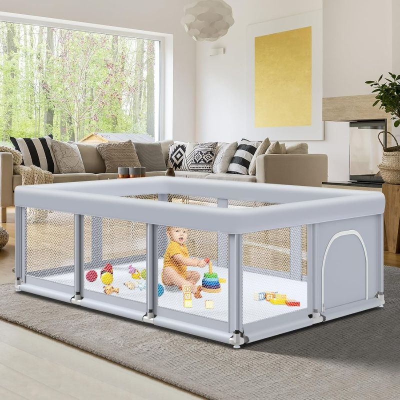 Photo 1 of 74" ×50" Large Baby Playpen, Baby Playard for Babies and Toddlers, Baby Fence Play Pens for Indoor & Outdoor, Sturdy Safety Play Yard with Soft Breathable Mesh, Anti-Fall, Grey