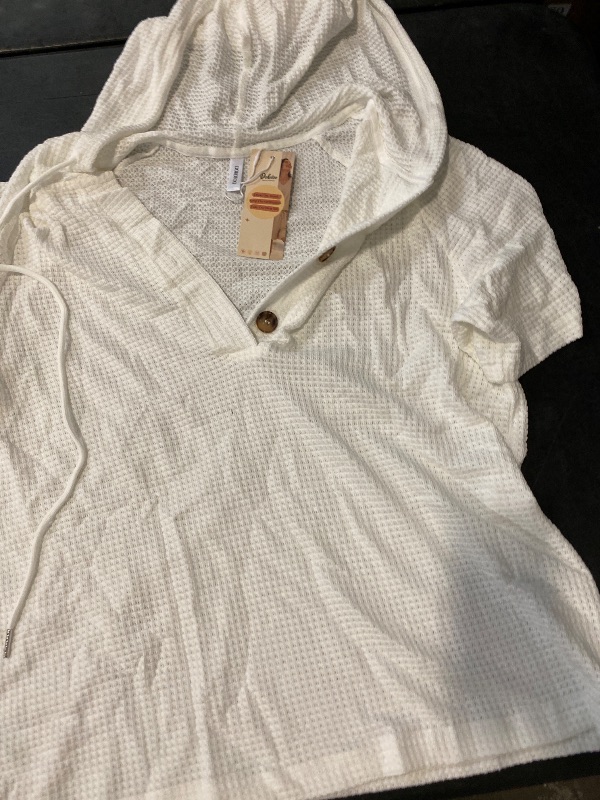 Photo 1 of Size L Dokotoo Hoodies for Women Oversized Waffle Knit Drawstring Button V Neck Short Sleeve Shirts Casual Lightweight Pullover Sweatshirt Blouse Tops Comfy Fall Fashion Outfits Clothes 2024 White Large